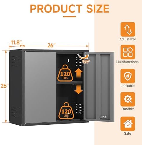 Metal Garage Wall Cabinet with 2 Doors and 1 Adjustable Shelf,Lockable Floating Tool Cabinet with Pegboard,Steel Storage Cabinet for Kitchen,Office,Garage,Laundry,Warehouse(Black&Gray, 26"H) - Image 2