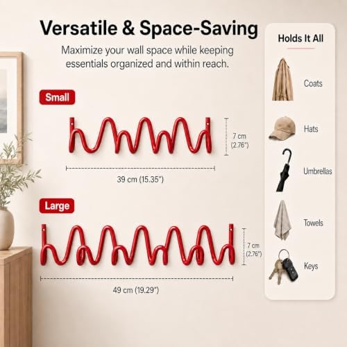 Coat Rack Wall Mount, Modern Wave Metal Wall Hooks, 6 Hooks, Red - Image 4