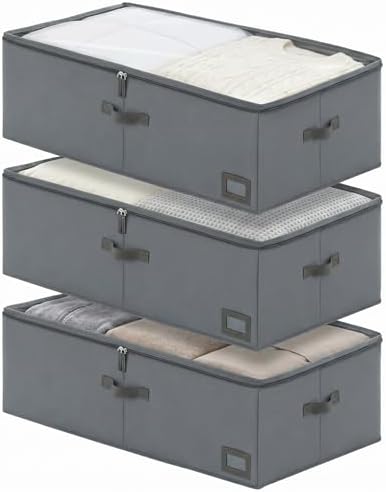 10" High Capacity Under Bed Storage Bins (3-Pack, Charcoal Grey), Deep 600D Heavy Duty Oxford Fabric Organizer Containers with Matching Vegan Leather Handles for Comforters, Pillows & Blankets by PLUMGEAN