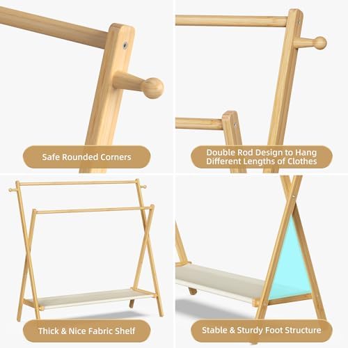 BAMBOOHOMIE Kids Clothing Rack With Storage Shelf & Double Rods, Foldable Dress Up Clothes Rack for Toddler Nursery, Child's Room, 100% Natural Bamboo (Large Size) - Image 2