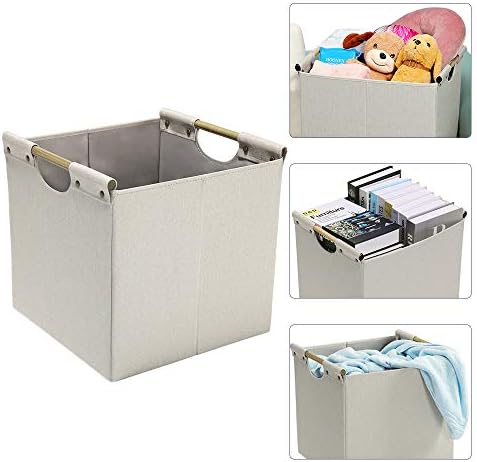 HOONEX Collapsible Storage Bins, 13x13x13in Storage Cubes Linen Fabric, 3 Pack, Storage Baskets with Wooden Carry Handles and Sturdy Heavy Cardboard, for Home, Office, Car, Nursery, Beige - Image 2