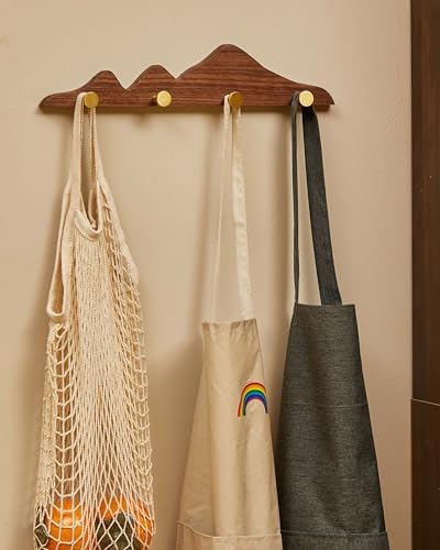 Wood Coat Hooks Wall Mount - Wooden Coat Rack with 4 Gold Brass Hooks for Entryway Bathroom Bedroom, Modern Decorative Wall Hooks Heavy Duty Organizer for Hanging Clothes Hats Bags Robes Towels Purse - Image 3