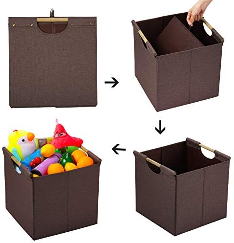 HOONEX Collapsible Storage Bins, 12x12x12in Storage Cubes Linen Fabric, Pack of 3, Storage Baskets with Wooden Carry Handles and Sturdy Heavy Cardboard, for Home, Office, Car, Nursery, Brown - Image 6