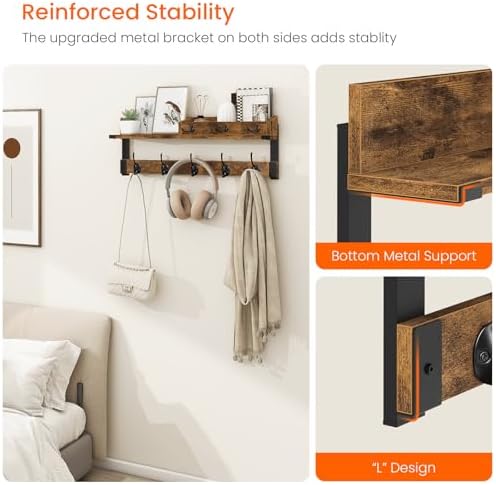 Homode Coat Rack with Shelf, Wall Shelf with Hooks, Rustic Brown Black - Image 4