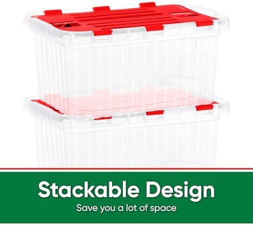 Superio Storage Box with Hinged Lids, Plastic Container Bins for Organizing with Attached Lid, Stackable Crates, BPA Free, Organizers for Home, 19 Quart (Clear with Red Lids, 17"x11.65"x8.75") - Image 4