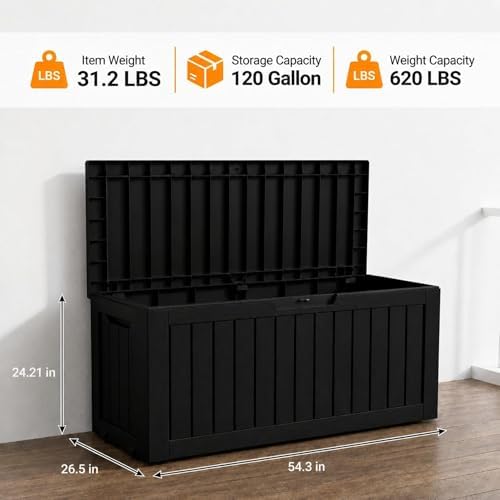 LAUSAINT HOME 120 Gallon Resin Deck Box, Package Delivery Box with Lockable Lid, Waterproof Outdoor Storage Box For Garden Tools, Patio Cushions(120 Gallon,Black) - Image 2