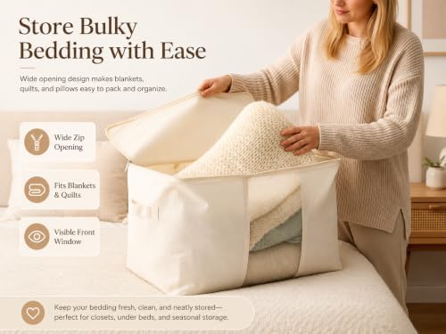 DoYiKe Soft Large Canvas Comforter Storage Bags with Four Carrying Handles and Clear Window, Closet Organizer for Clothing, Blankets Sheets Pillows and Bedding, 80L, 6 Pack, White - Image 4
