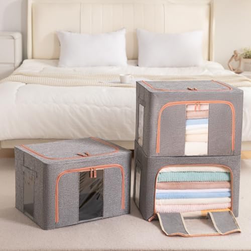 GuliPostan 3 Pack 66L Stackable Clothes Storage Bins with Metal Frame Handles & Zipper, Collapsible Closet Organizer Box with Lid for Bedding Blankets Towel (Grey) - Image 6