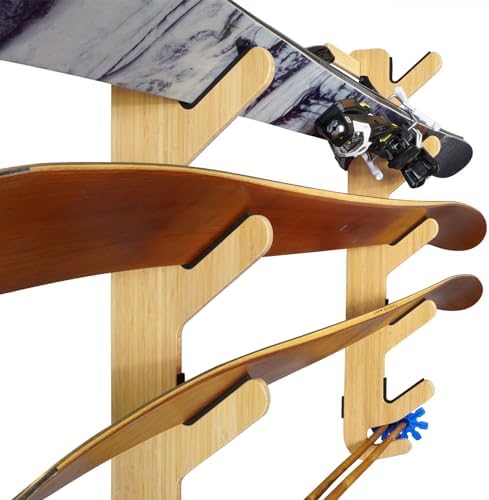 Grassracks Bamboo Ski Rack - Indoor Horizontal Ski Wall Mount Hallsteiner Series - Masterfully-Crafted Premium Indoor Ski Display Wall Hanger (4 or 5 Pairs of Skis, Bamboo) by Grassracks