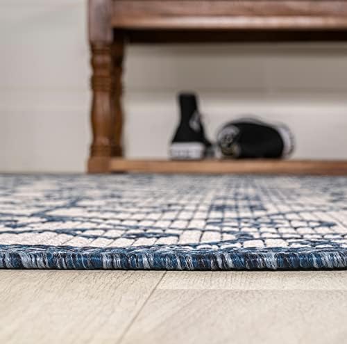 Eyely Filigree Textured Weave Runner Rug 2X8 Blue/Cream, Indoor Outdoor Rug - Image 6