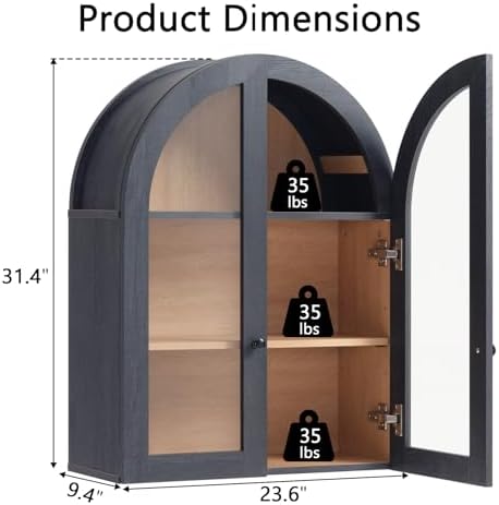 Bathroom Arched Wall Cabinet, 23.5'' Wide Medicine Cabinet, Wall Mount with Glass Doors & Adjustable Shelves, Over the Toilet Storage Cabinet for Laundry Room, Bedroom, Kitchen, Grey Black - Image 2