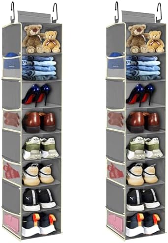 2 Pack Large-Sized Hanging Shoe Organizer 8-Shelf, Hanging Closet Organizer with 8 Side Pockets, Wider Hanging Shelves for Storage Shoes Clothes 9" W × 11.8" D× 48" H, Grey. by ROOMTALK