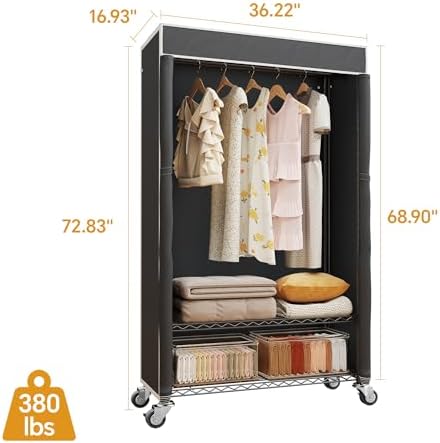 Higeego H4 Clothing Rack with Cover, Rolling Heavy Duty Clothes Rack, Black - Image 4