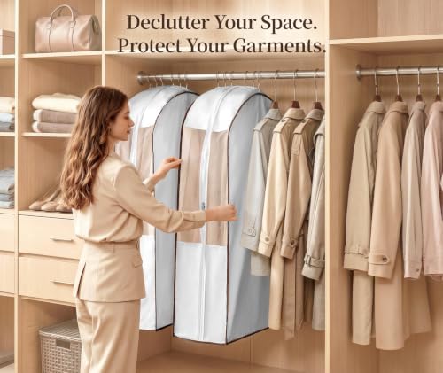 41" Cotton Garment Bags for Hanging Clothes, 2 Pack Breathable Suit Bags for Closet Storage, 10" Wide Gusseted & Clear Window, for Suits, Short Dresses, Sweaters, with Cedar Blocks - Image 2