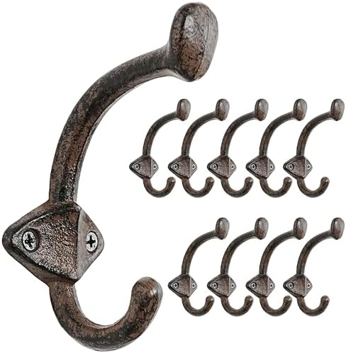 Dseap Cast Iron Wall Hooks L=5”, Heavy Duty Coat Hooks, Rustic Vintage Farmhouse Hook for Hanging Winter Coats Jackets Towels Hats Bags Plants, Antique Brown, Pack of 10 (ShieldBold) by Dseap
