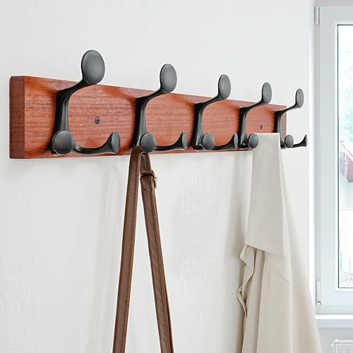 SKOLOO 24-Inch Cherry Wood Coat Rack Wall Mount with 5 Triple Hooks - Ideal for Family Entrances, Classrooms, and Pet Supplies Storage - Perfect Coat Hooks for Wall, Pack of 2 - Image 3