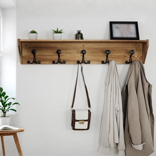 WEBI Wall Shelf with Hooks Underneath,35" Long Wall Mounted Coat Rack with Shelf,Entryway Coat Rack with 5 Triple Hooks for Hanging Coats,Jacket,Hallway,Bedroom,Mudroom,Brown - Image 2