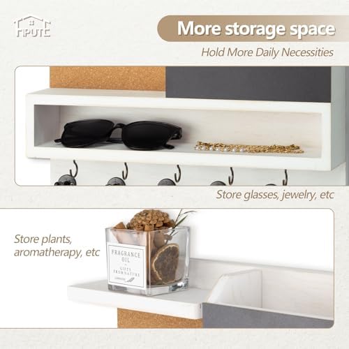 Key Holder for Wall Mount with Mail Organizer, Farmhouse Key Holder for Wall with Shelf, Chalkboard&Corkboard, Entryway Organizer 11 Metal Hooks, Decorative Natural Pine Wood, 14.6*11.1*3.3”, A-White - Image 3