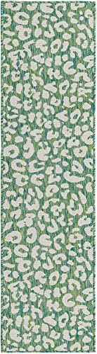 Unique Loom Outdoor Safari Collection Area Rug - Leopard (2' x 7' 10" Runner, Green Blue/ Ivory) - Image 3