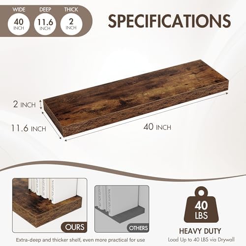 Acovy 40 Inch Floating Shelves, 12" Deep Floating Shelf Wall Mounted, 40" Wall Shelves, Rustic Deep Bookshelf, Extra Deeper & Thicker Display Shelves for Bedroom, Living Room, Brown, Set of 2 - Image 4