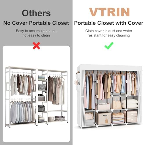 VTRIN Portable Closet for Hanging Clothes 67 Inch Wide Large Capacity Portable Wardrobe Closet with Cover, 4 Storage Shelves and 4 Hanging Rod Sturdy Free Standing Closet for Bedroom, White - Image 7