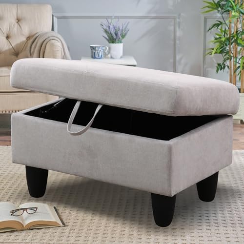 28.5'' Ottoman with Storage, Flannel Ottoman Foot Rest for Living Room Upholstered Footstool, Perfect Storage Ottoman Bench Bag Floor Chair for Bedroom or Entryway, Grey White by SumKeaVideoSewerCameraSystem
