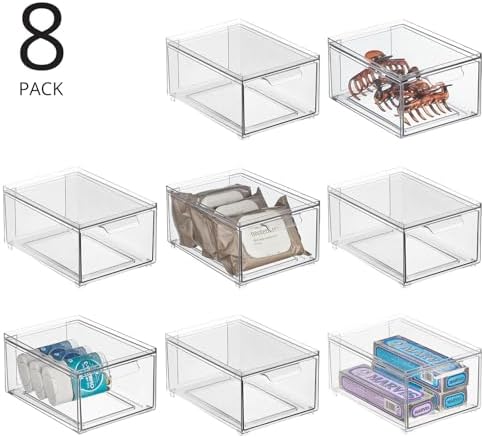 mDesign Plastic Bathroom Organizer Bin w/Pull Out Drawer - Slim Stackable Storage Container for Bathroom Accessories - Perfect for Organizing Bathroom Cabinet - Lumiere Collection - 8 Pack - Clear - Image 4
