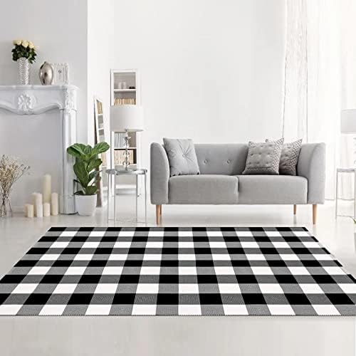MUBIN Cotton Buffalo Plaid Rug, 4' x 6' Black and White Outdoor Rug Decorative Mat, Washable Large Doormat Hand-Woven Foldable Area Rug for Outdoor Patio Indoor Living Room Dining Room Kitchen - Image 4