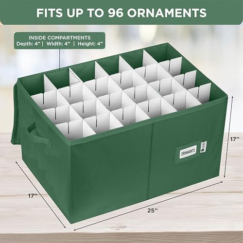 Christmas Ornament Storage Container with Dividers - Box Stores Up to 96 Ornaments, Zippered, Convenient, Adjustable, Large Organizer Bin to Protect Holiday Décor, Fits Most Standard Size, Green - Image 4