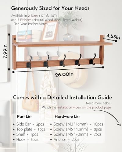 Coat Rack Wall Mount with Shelf, 26IN Wooden Coat Hanger Hooks Wall Mount with 5 Metal Hooks, Hanging Shelf with Hooks, Wood - Image 6