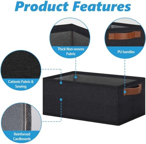 GhvyenntteS Small Fabric Storage Bins 12 Pack, 11.8" x 7.87" x 5.11" Storage Basket with Leather Handles, Closet Storage Bins for Shelves, Storage Baskets for Shelves, DVD Storage (Black) - Image 3