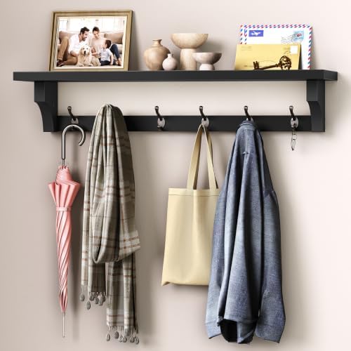 RALGEND 29" Coat Rack Wall Mount Shelf, Wall Shelf with 6 Hooks, Long Coat Hangers for Living Room, Entryway Storage Organizer, Wooden Floating Shelves for Bathroom, Bedroom, Kitchen, Black 7401BJBB by RALGEND