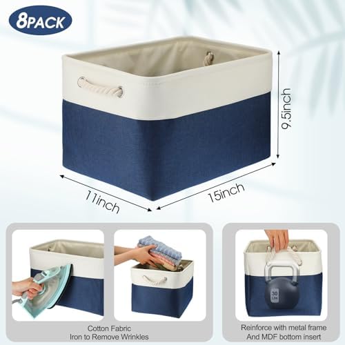 meekoo 8 Pack Fabric Storage Bins Baskets, 15 x 11 x 9.5 in, Blue White - Image 3