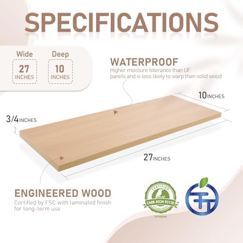Kaboon 27 inch Long 10 inch Deep Floating Shelves for Wall Set of 2, Large Open Shelves Wall Mounted, Space Saving Home and Commercial Use, Light Walnut - Image 3