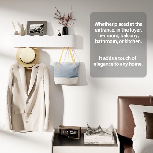Coat Rack Wall Mount with Shelf 5 Hidden Hooks Modern Wooden Key Holder Entryway Organizer for Hallway Bedroom Bathroom Home Decor Storage for Hanging Coats Hats Bags Towels, Wave-Shape White - Image 5