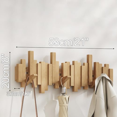 Wooden Coat Hooks Wood Wall Mounted Piano Coat Rack Flip Down Hook Rack Coat Rack Wall MountMulti Functional Space Saving Wall Organizer(Beech,53cm/21) - Image 2