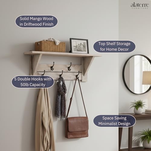 Alaterre Bethel Rustic Solid Wood Wall Mount Coat Rack w/Shelf, Driftwood - Image 4