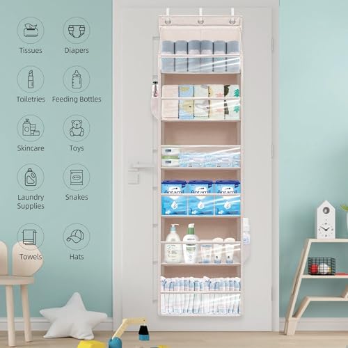 Over Door Organizer with 6 Extra Large Pockets 12 Side Pockets, Sturdy Closet Storage Rack, Hanging Storage Organizer with Clear Window for Shoes, Diaper, Bedroom, Bathroom, Beige, 3-Pack - Image 7