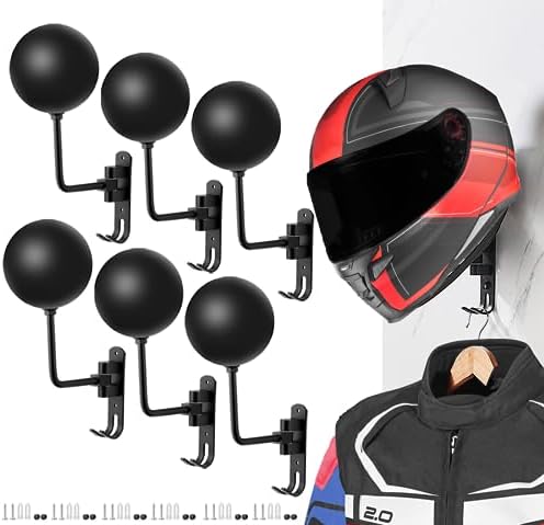 SANGMO 6 Pack 180° Motorcycle Helmet Holder Wall Mount, Rotation Metal Helmet Rack, Helmet Holder Bike with 2 Hooks Helmet Hanger for Motorcycle Bike Coats, Caps, Baseballs, Rugby Helmet (Black) by SANGMO