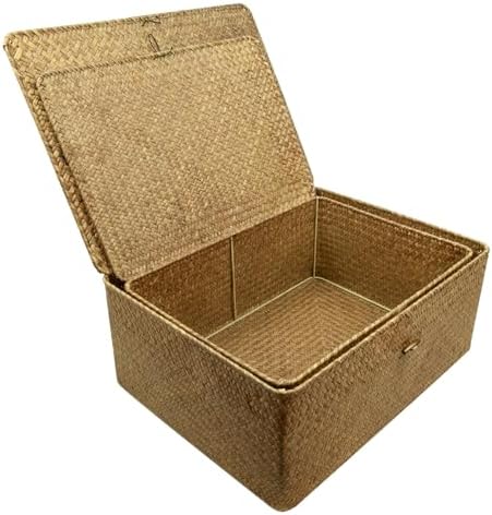 Shelf Storage Baskets with Lid, 2-Pack Wicker Storage Basket, Woven Seagrass Decorative Boxes, Coffee XXLarge+XXL - Image 4