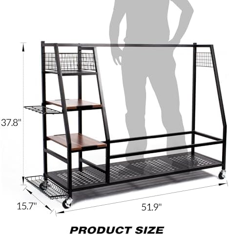 Sttoraboks Golf Bags Storage Garage Organizer, Golf Bag Rack Fits 2/3 Golf Bags and Golf Equipment Accessories, Golf Club Storage Stand with Wooden Shelf and Lockable Wheels for Garage Indoor Basement - Image 6