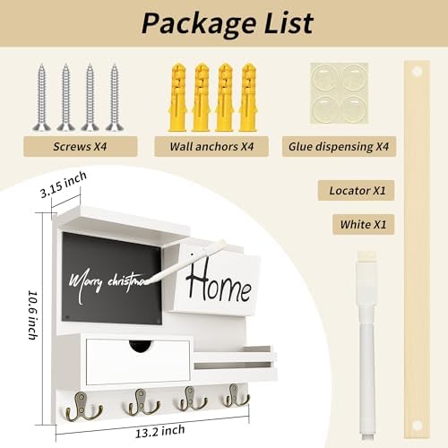 Farmhouse Key Holder for Wall with Mail Organizer - Easy Installation Wall Mount Organizer, Includes Chalkboard, Drawer, Wallet Holder & 4 Double Hooks, Ideal for Entryway, Quick Access - White - Image 4