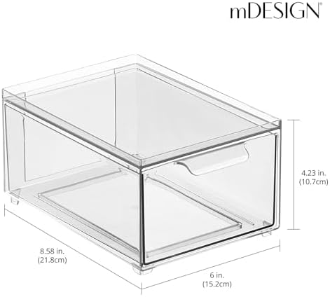 mDesign Plastic Bathroom Organizer Bin w/Pull Out Drawer - Slim Stackable Storage Container for Bathroom Accessories - Perfect for Organizing Bathroom Cabinet - Lumiere Collection - 8 Pack - Clear - Image 3