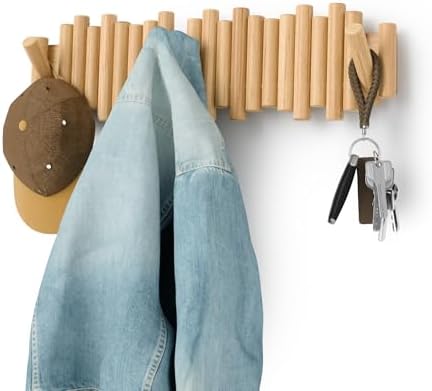Umbra Picket Coat Rack with 8 Hooks – Natural Wall-Mounted Coat Rack with Flip-Down Wooden Hooks, Real Pine Wood Decorative Wall Storage for Jackets, Hats, Scarves, Bags, Entryway, Bedroom Living Room by Umbra