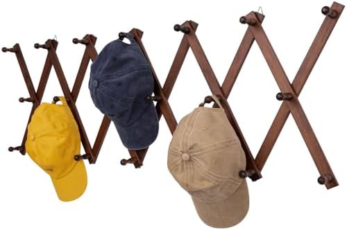 SCUNDA Accordion Wall Hanger with 20 Hooks, Expandable Wall Hat Display Rack, Wooden Wall Hook for Coat, Hats, Baseball Caps, Coffee Mug, Jewelry(Brown) by SCUNDAHOME
