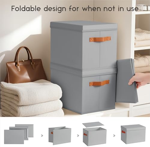 Homsorout Storage Bins with Lids - Large Fabric Closet Bins with Lid, 6 Pack Clothes Organizers and Storage, Collapsible Stackable Cube Basket for Home, Office, Dorm, Grey - Image 3