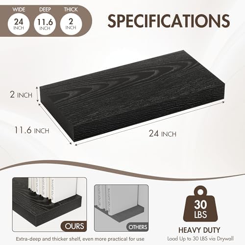 Acovy 24 Inch Floating Shelves, 12" Deep Floating Shelf Wall Mounted, 24" Wall Shelves, Rustic Deep Bookshelf, Extra Deeper & Thicker Display Shelves for Bedroom, Living Room, Black, Set of 2 - Image 4