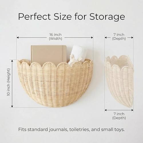 Scalloped Wall Hanging Basket, Hand Woven Rattan Wall Storage Shelf for Home, Boho Wall Decor for Bathroom, Living Room, Nusery Room (16" x 10" x 7") - Image 3
