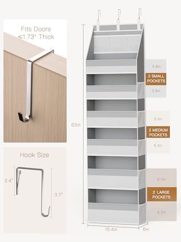 Criusia 2 Pack Over The Door Organizer, Heavy-Duty 6-Shelf Hanging Storage with 13 Mesh Pockets, 55lbs Capacity Behind The Door Storage for Nursery, Bathroom, Bedroom, and Dorm, Grey - Image 2