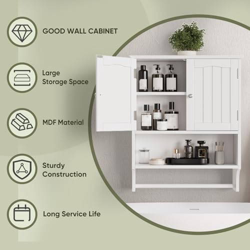 Smuxee White Bathroom Cabinet Wall Mounted with Towels Bar, Bathroom Medicine Cabinet with 2 Door Adjustable Shelves, Over Toilet Cabinet for Bathroom Laundry Room Kitchen - Image 6